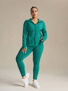 SHEIN Rhythm Era Bộ đồ thể thao ngoài trời thường ngày cỡ lớn cho nữ, áo dài tay có khóa kéo cổ đứng và quần legging - Màu xanh lá cây đậm - Xem 6