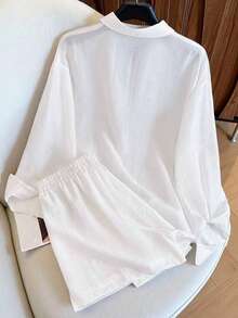 Resyla Women's Letter & Cherry Embroidery Long Sleeve Shirt And Shorts Casual 2 Pieces Set - White - View 2