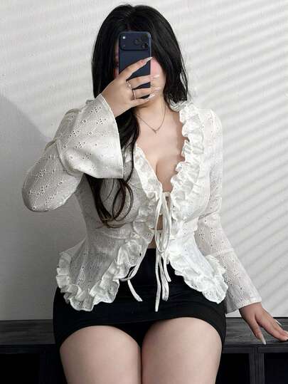 Flirla Plus Size Women Solid Color Lace Trim Tie Front Design Blouse