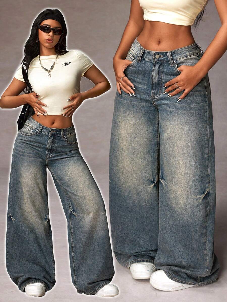 Jeanoix Plus Size Women Pockets Button Casual Versatile Commuter Wide Leg Jeans Y2k Women Jeans Wide Leg Baggy Jeans Women Jeans Baggy Baggy Jeans Y2k - Blue - View 1