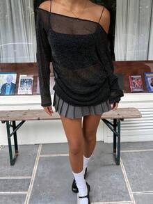 SHEIN EZwear 1 件女式不对称领闪亮网眼长袖时尚上衣