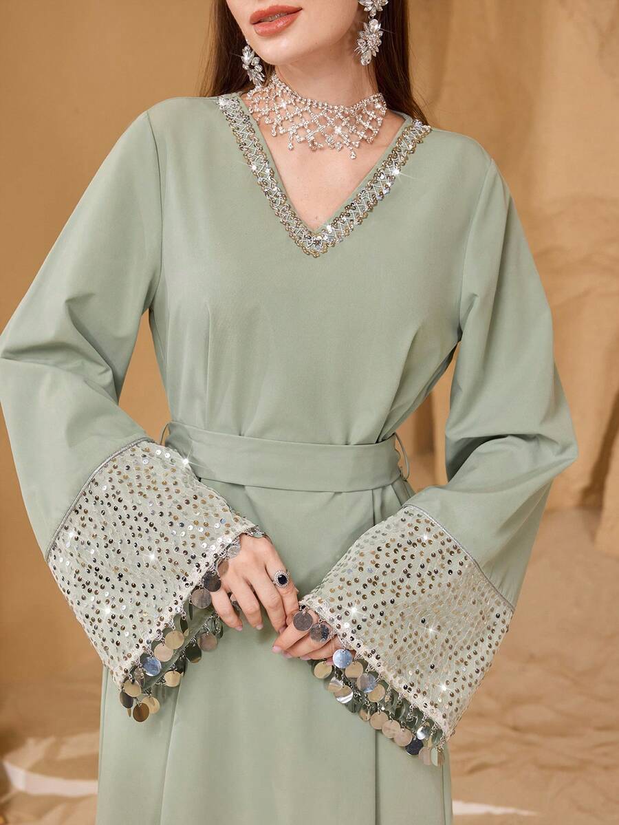 Al Najma Women's New Fashionable Elegant Luxurious Sequin Mesh Sleeve Sequin Ribbon Splice Lace Collar Embroidered Waistband Slimming Long Arabic Dress - Green - View 1