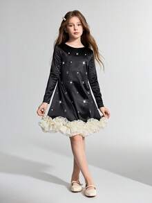 Maija Kids Tween Girl Knit Color Block Rhinestone Decor Round Neck Long Sleeve Casual Elegant Dress - Black - View 1