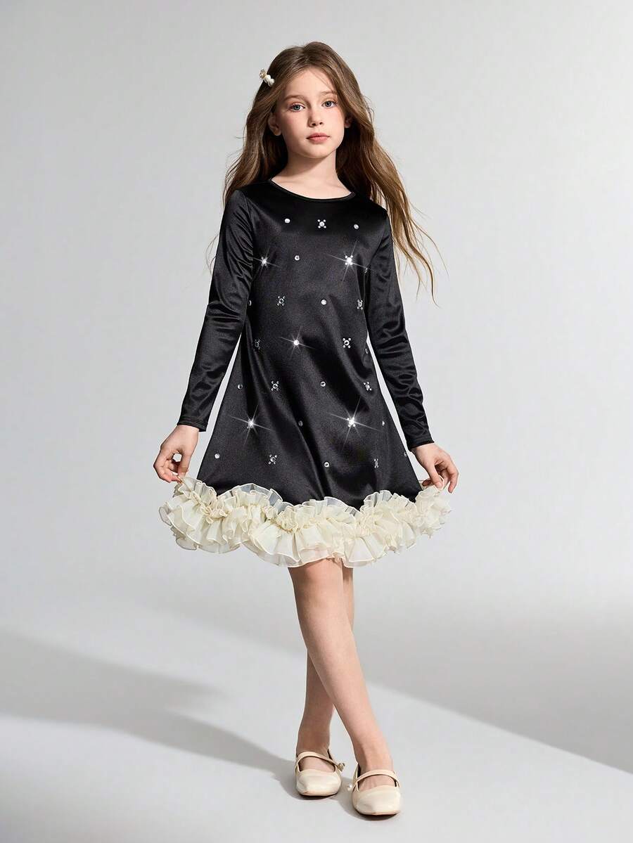 Maija Kids Tween Girl Knit Color Block Rhinestone Decor Round Neck Long Sleeve Casual Elegant Dress - Black - View 1
