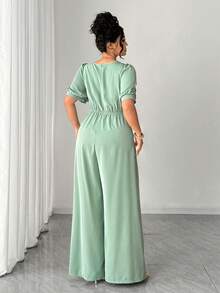 Mono elegante de pierna ancha con cuello cuadrado, manga corta y decoración de botón metálico, adecuado para primavera/verano, vuelta al colegio, vacaciones, graduación, San Valentín, Navidad, festival de música, Día de la Madre, Halloween, Acción de Gracias, Pascua, Día Nacional, gala, cita, temporada de bodas, actividades al aire libre, talla grande - Verde - Ver 7