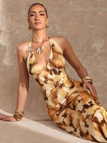 Lumalex 女士动物纹印花多色棕色咖啡金属装饰露背沙滩罩衫连衣裙 - 彩色 - 查看 9