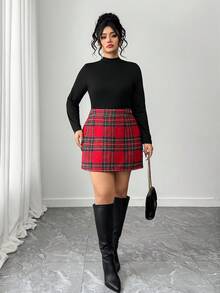 Elenzga Plus Size Women Elegant 2-Piece Set Solid Stand Collar Long Sleeve T-Shirt And Plaid Midi Skirt,Black And Red,Autumn,Smart Casual,Everyday Club Outfit - Black - View 7