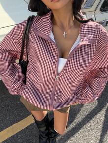 Muchica 女士红色格子拉链落肩轻薄休闲梭织外套 - 彩色 - 查看 1