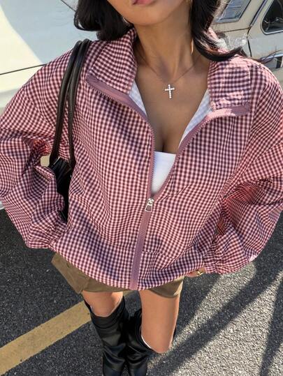 Muchica 女士红色格子拉链落肩轻薄休闲梭织外套