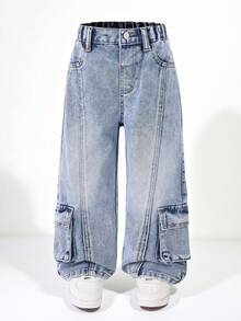 Young Boy Distressed Washed Light Blue Denim Jeans, Relaxed Fit Design With Practical And Fashionable Elements - Medium Wash - View 1