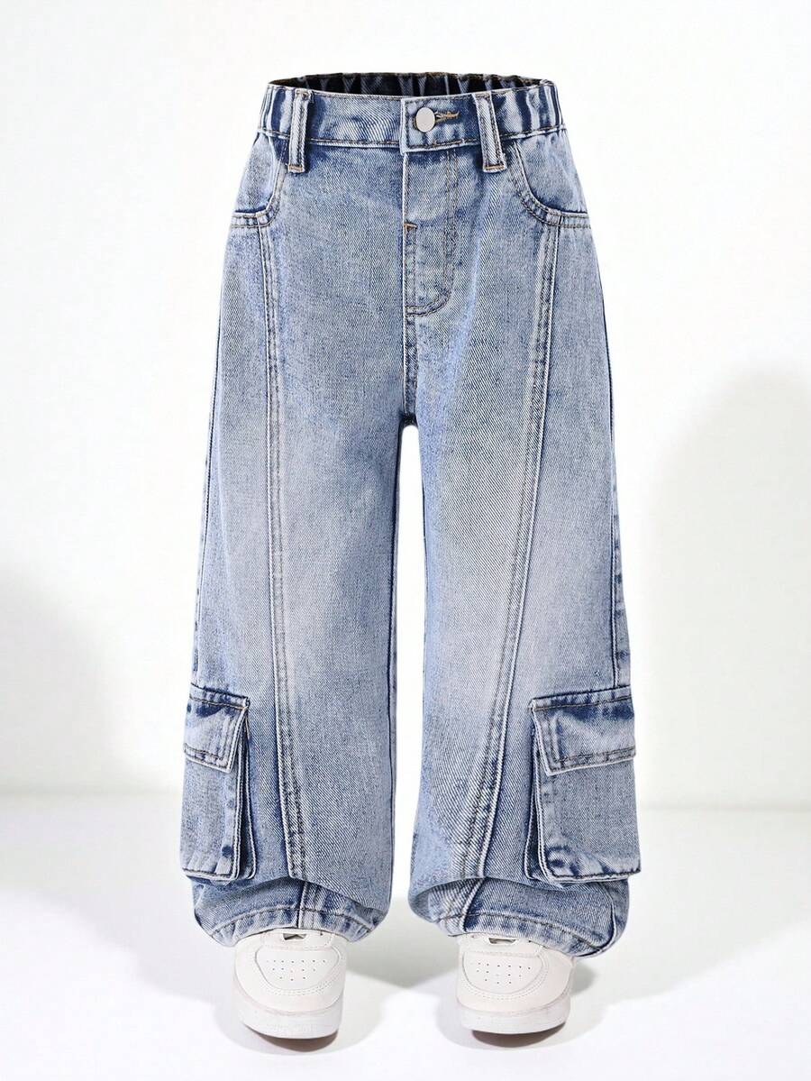 Young Boy Distressed Washed Light Blue Denim Jeans, Relaxed Fit Design With Practical And Fashionable Elements - Medium Wash - View 1