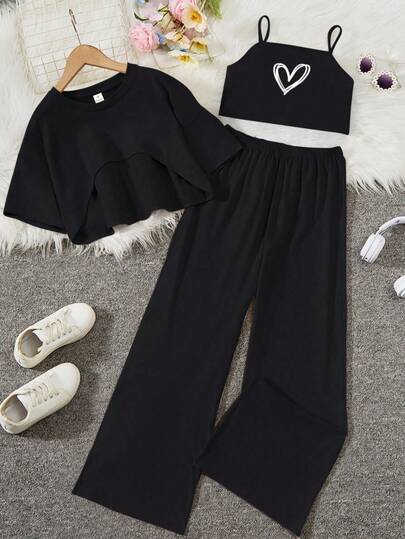 SHEIN Sparklyn Teen Girl Solid Color Round Neck Drop Shoulder Short Sleeve Casual 2-Piece Set, Summer