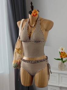 Swim Vcay Summer Women Tankinis 2 Piece Set, Coffee Plaid Print Ruffle Halter Neck Tie Top, Drawstring Side Ruched Bikini Bottom Swimsuit - Multicolor - View 4