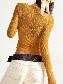 Bohemela Áo thun nữ cổ tròn tay dài dệt kim màu trơn đơn giản ôm vừa vặn - Màu vàng - Xem 6