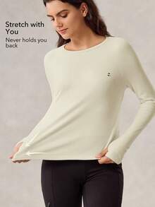 OutZeal 女士冬季保暖户外长袖T恤，日常休闲保暖内衬，触感如黄油般柔软，带拇指孔 - 杏色 - 查看 3