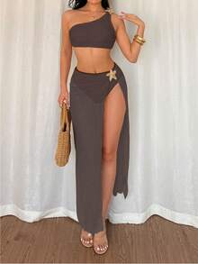 Swim Oasis 夏季海滩度假女士纯色波浪图案单肩金属海星装饰上衣、高腰泳裤和网纱海星装饰裙比基尼套装 - 棕色 - 查看 3