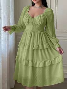 Lyrianda 新款优雅雪纺纹理波点蝴蝶结装饰胸罩杯长袖A字连衣裙，收腰显瘦荷叶边连衣裙 - 橄欖綠 - 查看 4