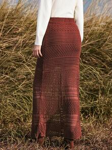 Chiquease 女士A字针织半身裙，镂空纹理设计，时尚百搭，适合日常穿着，秋冬季 - 酒紅色 - 查看 3