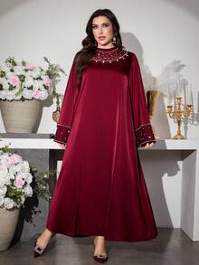 Al Najma Elegant Stand Collar Lace Patchwork Flare Sleeve Dress, Burgundy Kaftan Jalabiya Dress - Burgundy - View 6
