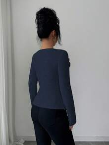 Elenzga 新款女士斜肩罗纹针织金属装饰环长袖优雅青春修身T恤 - 寶藍色 - 查看 2