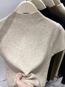 Franclia 女士休闲纯色圆领短袖毛衣 - 杏色 - 查看 2