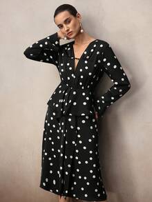 NOVVYNE Women's Polka Dot Print Patchwork Ruffle Trim Elegant V-Neck Vintage Waist Midi Dress