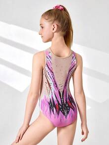 SHEIN Tween Girls Colorful Gymnastic Leotard, Exquisite Printed Pattern Leotard, Made Of High Stretch Skin-Friendly Fabric Suitable For Gymnastics Performance And Competition