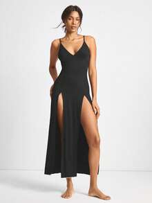 Ocili Spaghetti Strap Dress With Slit, Frill Trim, Rib Knit, Women Loungewear - Black - View 4