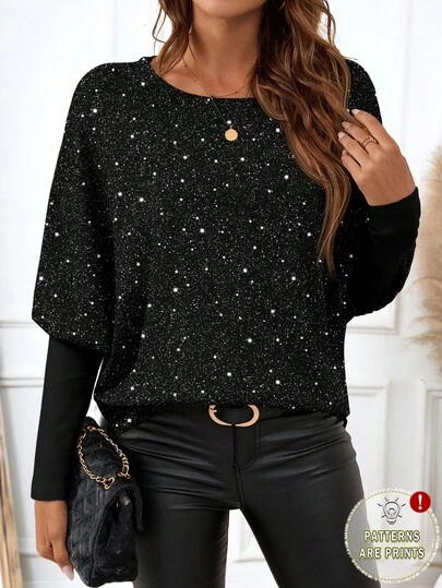 EMERY ROSE Women's Casual Elegant Asymmetrical Sleeve Loose Minimalist T-Shirt, Suitable For Autumn/Winter, Party, Glitter Top,Black Top,Casual For Women,Elegant Women's Top,Graphic Tees Spring