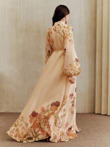 Anewsta Women's Floral Print Ruffle Decor Cinched Waist Maxi Dress, Elegant Casual Long Dress, Spring/Summer Resort Wear, Luxury Abaya Style - Yellow - View 2