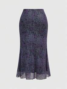 ROMWE Hippie Falda de sirena con estampado floral elegante y versátil para fiestas y días festivos, talla grande para mujeres - Negro - Ver 2