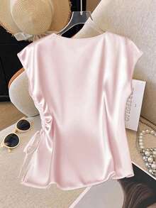 GlowEve CURVE Woven Satin Drawstring Fitted Crew Neck Shirt - Pink - View 2