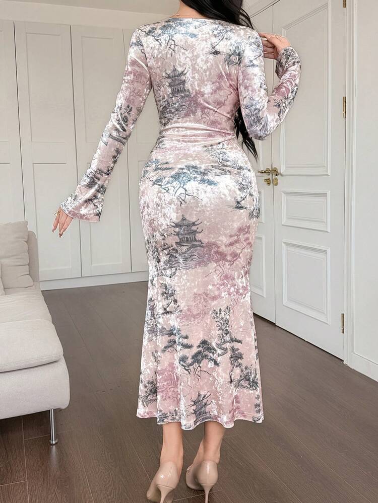 Women's Elegant Floral V-Neck Criss-Cross Fishtail Dress, Spring/Summer
