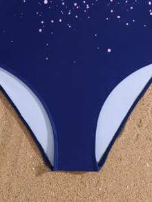 SHEIN 少女连体泳衣，时尚数码印花简约设计，适合海滩、度假村、泳池派对 - 藏蓝色 - 查看 5