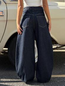 Muchica 女士时尚纯色低腰口袋宽松牛仔裤 - 藏蓝色 - 查看 2