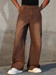 Manfinity EMRG Quần jeans ống đứng cổ điển chắp vá - Cà phê nâu - Xem 8