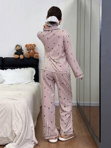 Dream Adore Heart Striped Print Lapel Long Sleeve Pajama Set - Brown - View 4