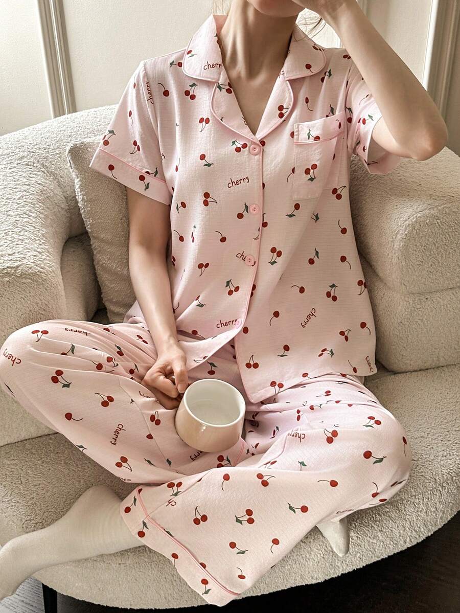 SHEIN Napfluff 樱桃印花翻领短袖睡衣套装 - 粉色 - 查看 1