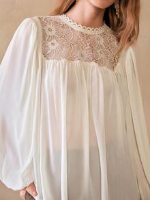 Florisole Áo cánh voan màu mơ rộng rãi, họa tiết thêu ren Bohemian lãng mạn, thoải mái dành cho nữ, mùa xuân/thu - Màu be - Xem 7