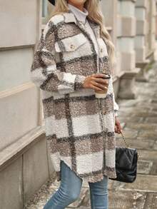 SHEIN PETITE PETITE Women's Autumn/Winter Long Sleeve Double Pocket Plaid Fluffy Jacket - Coffee Brown - View 3