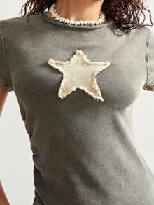 Bohemela Áo thun nữ dệt kim màu trơn cổ điển giản dị, phù hợp cho mùa hè và mùa thu - xanh quân đội - Xem 3