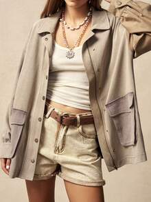 Bohemela Casual Knit Patchwork Long Sleeve Loose Women Jacket - Mocha Brown - View 2