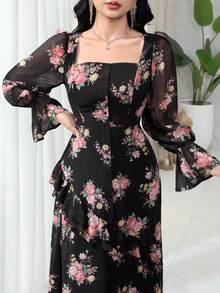 Modelyn Women's Floral Print Square Neck Flare Sleeve Single-Breasted Elegant Ruffle Hem Dress - Black - View 1