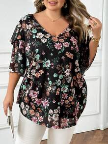 SHEIN CURVE+ Áo cánh rộng tay bèo cổ chữ V cỡ lớn cho nữ, áo nghỉ mát mùa xuân/hè/2026/năm mới - Nhiều màu - Xem 1