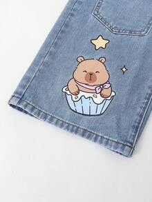 SHEIN Sparklyn 少女涂鸦爱心字母印花Y2K风格做旧浅蓝色牛仔裤，休闲宽松阔腿复古水洗破洞牛仔裤 - 淺色水洗藍 - 查看 5