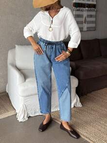 EMERY ROSE Mature Denim Women's Drawstring Waist Pocket Tapered Casual Versatile Jeans,Valentine's Day - Blue - View 6