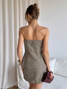 Siren Gaze 新款女士条纹抹胸上衣和迷你裙套装，优雅女士两件套，适合通勤 - 棕色 - 查看 2