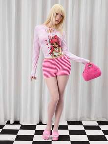 Y2Kool Maria Clara Maia Áo crop top tay dài khoét eo dáng ôm sát, thắt dây, họa tiết hoạt hình pixel kẻ caro phong cách Y2K, phối màu tương phản trái tim và nơ, họa tiết phương Đông, thích hợp cho các bữa tiệc mùa thu/đông, hoặc mặc hàng ngày. Phong cách anime nữ, áo tay dài dễ thương, áo Kawaii, áo Fairycore, quần áo anime, trang phục anime, bộ sưu tập quần áo thời trang, trang phục năm mới, áo Gyaru họa tiết, áo hồng. - Màu Hồng baby - Xem 5