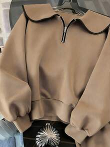 Resyla 宽松公主领半拉链前襟插肩袖上衣 + 松紧腰带斜插口袋休闲裤 - 棕色 - 查看 7