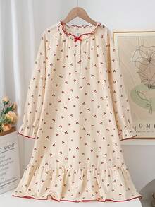 Girls' Korean Ins Style Sweet Cherry Print Bicolor Soft Cotton Dress With Ruffle Hem And Cuffs, Suitable As Casual Nightgown - Multicolor - View 6